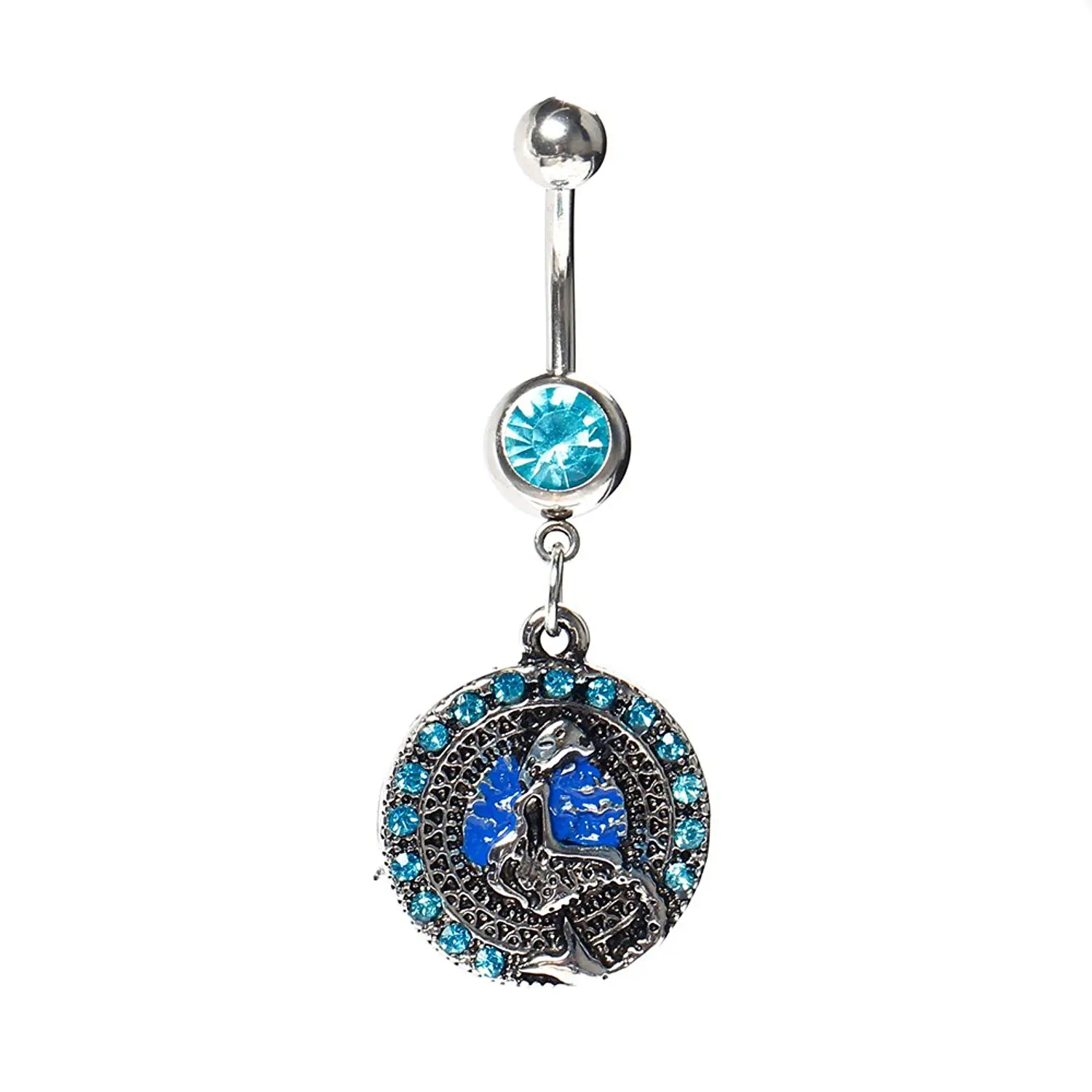 Belly Button Ring Vintage blue gems Mermaid 316L Surgical Steel 14
