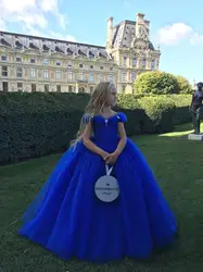 Красивое ярко-синее платье с цветочным узором для девочек 2019 открытыми плечами Пышная юбка пачка принцессы маленьких обувь на день рожден