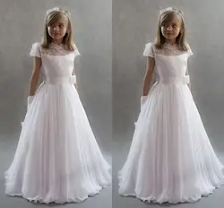 Белые платья принцессы с цветочным узором для девочек 2019 для свадеб, кружевные рукава, шифоновые платья с поясом для первого причастия