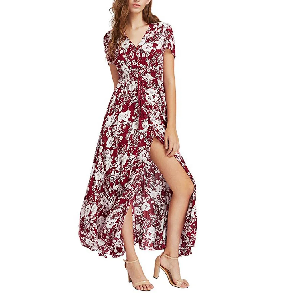 

FREE OSTRICH Women Dress Floral Printed Button Up Short Sleeve Split Flowy Party Loose Dignified Trend Women Long Dress Summer