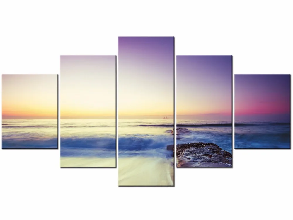 

5 Pieces Modular Painting Home Decor Poster Prints Canvas Sunset Sea Waves Sailboat Seascape Pictures Wall Art Framed J009-025