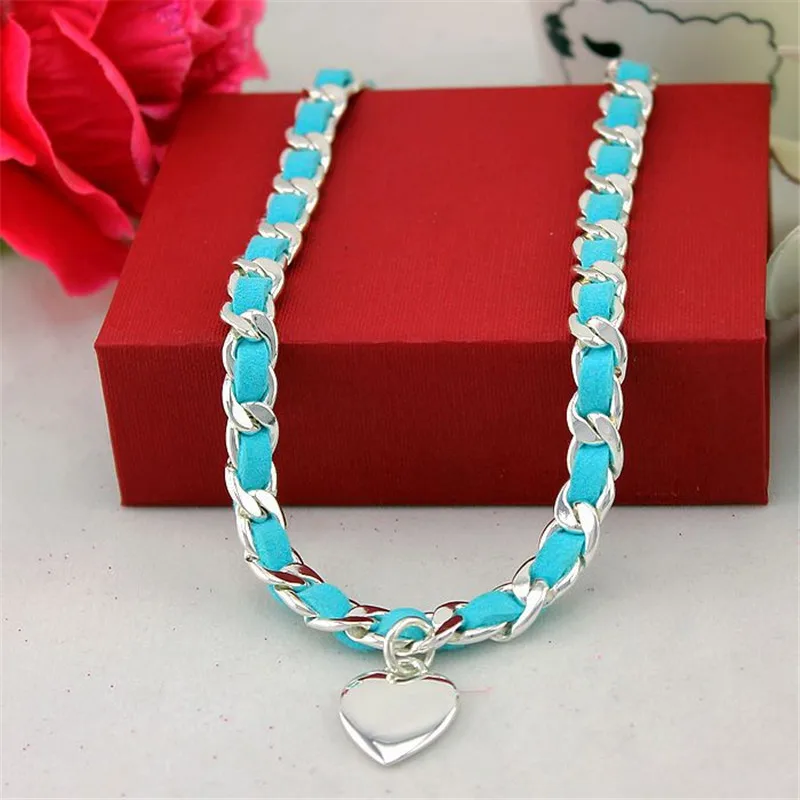 XQ Free shipping 2015 Big blue leather cord necklace of hearts Ms alloy