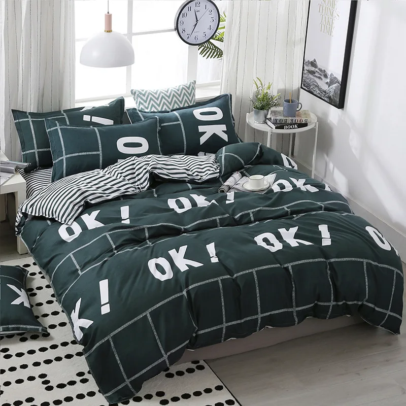  3/4pcs/Set Geometric Pattern Cotton Comforter Bedding Set Black Bed Linen Duvet Cover Set Grey No F