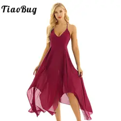 TiaoBug женское платье на бретельках с v-образным вырезом, асимметричный длинный макси шифоновый балетные балетный зал, платье для взрослых