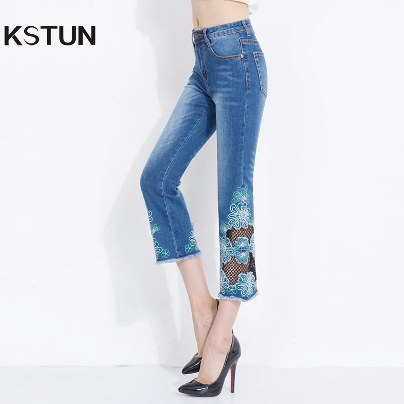 

KSTUN Women's Jeans Summer Flare Pants High Waist Bell Bottoms Embroidery Female Trousers Casual Calf-Length Blue Lace Net Jeans
