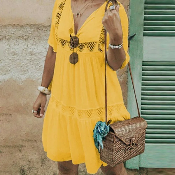 Летнее пляжное платье, туника, бохо, шикарная одежда, свободные, с v-образным вырезом, кружевные платья, большие размеры, пляжная одежда, короткие, Vestidos Strand - Цвет: Цвет: желтый