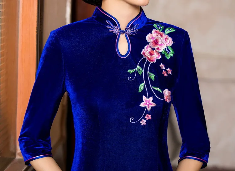 Королевский синий cheongsam размера плюс велюровые платья велюровые вельветовые debardeur китайское традиционное длинное платье cheongsam восточные узоры