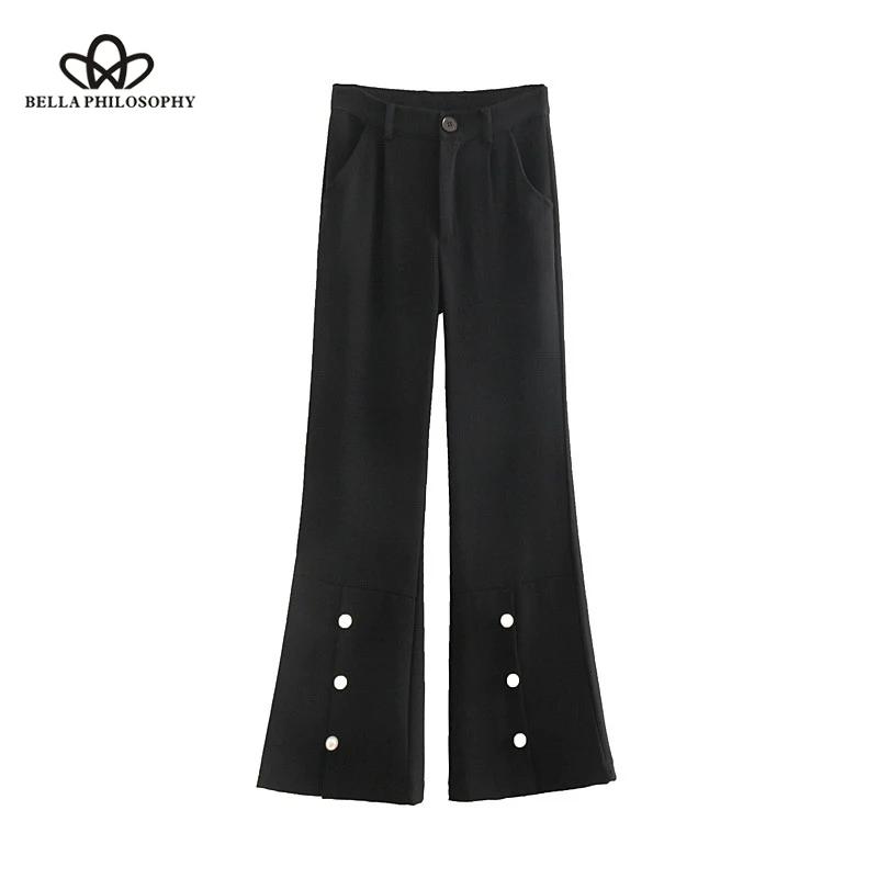 Wonder 2018 new autumn high waist pearl foot flared women pants button zipper casual female pant pockets ladies flare pants
