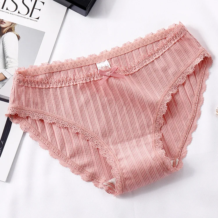 

7 Colors Ribbed Underwear Lace Women Cotton Underpants Solid Low Rist Panties Sexy Low Waist Briefs Intimates 1 Piece