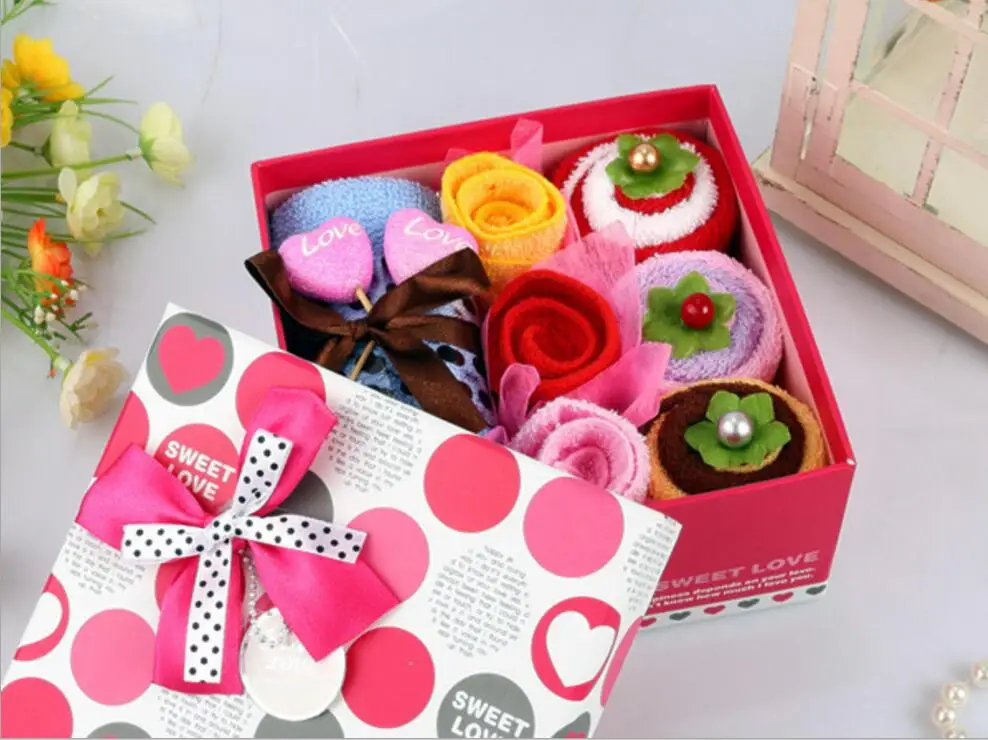 

Creative 20x20cm lovely cute 11pcs/set box cake shape towel promotion gift for wedding birthday party decor