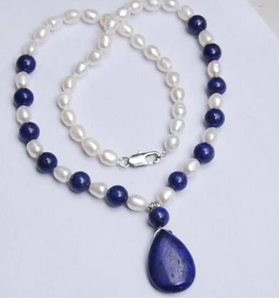 

free shipping Natural 7-8MM White Akoya Pearl & Lapis Lazuli Pendant Necklace 18"