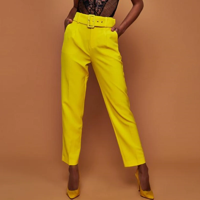 

Yellow Buckle Casual Trousers Women Pants Female Loose High Waist OL Office Lady Suit Pants Sexy Belt Fashion Patalon Bottoms