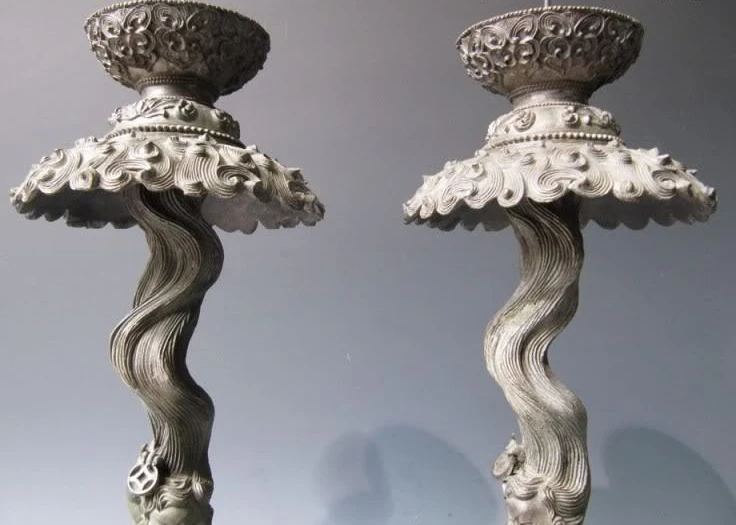 

Royal Palace Old Copper bronze Myth LiuHai play Toad Candlestick holder Pair