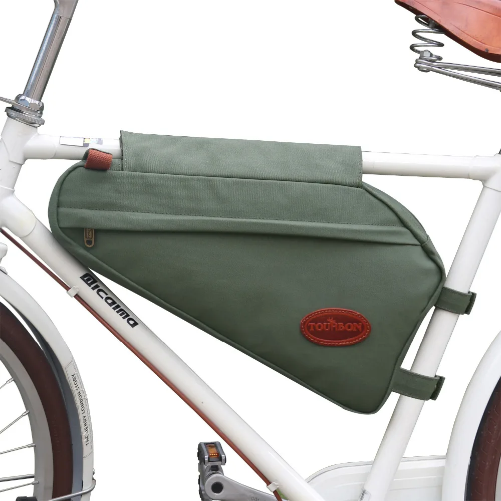 Cheap Tourbon Vintage Bike Frame Tube Triangle Bag Bicycle Pouch Backpack Zippered Green Waxed Canvas Waterproof Cycling Accessories 2