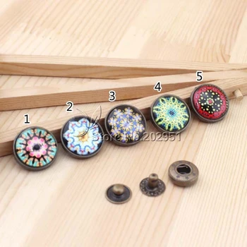 

50pcs Bohemia Painting pattern 18MM sunflower round gem Snap button handwork home textile bag DIY Luggage Accessories