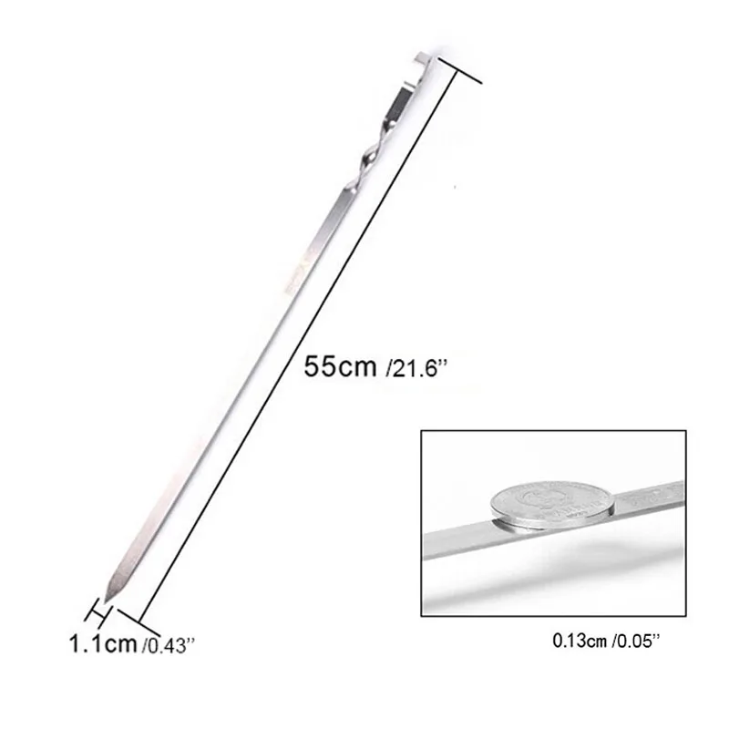Hot 10Pcs/Pack 55cm/21.6'' Stainless Skewers BBQ Grill Metal Sticks Barbeque Kabob Kitchen Needles Barbecue Grill For Outdoor