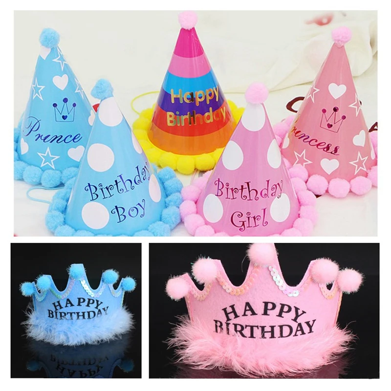 

1pcs Birthday Festival Decorations Hat Paper Cap DIY Cone Hats Pompom Crown Children Gift Party Supplies Birthday Party Ornament