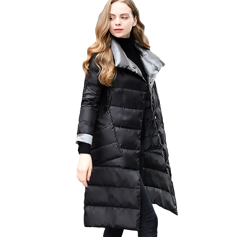 Two Side Wear Autumn Winter 90% White Duck Down Coat Women Light Down Long jacket Women warm Parkas A124