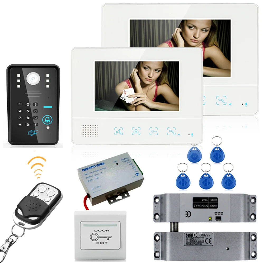 7 "RFID пароль видео телефон двери домофон камера 1000TVL 2 Мониторы + Электрический откидной Болт замок