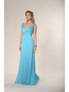 

2019 Blue Chiffon Long Beach Bridesmaid Dresses Deep V Neck Straps Sexy Floor Length A-line Elegant Women Wedding Formal Dress
