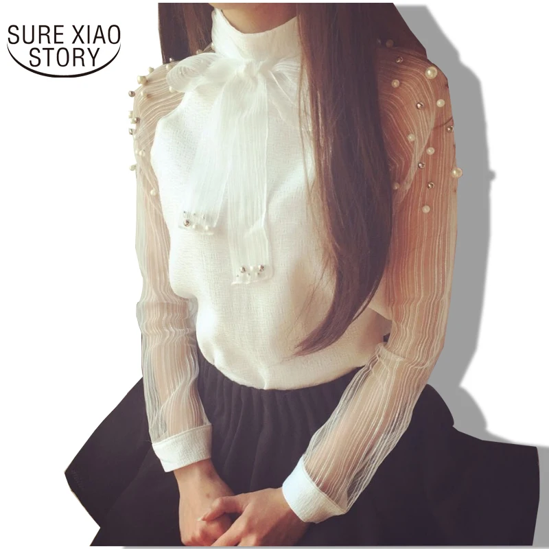 2018 New autumn women shirt bow Pearl White chiffon blouse casual shirt women blouses tops and blouses blusas femininas 607I 25