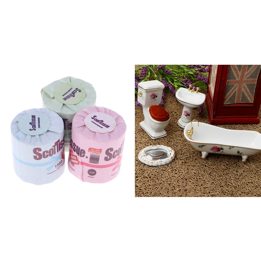 Ceramic Bathroom Floral Toilet, Bathtub Set with Toilet Paper Dollhouse Miniature for 1/12