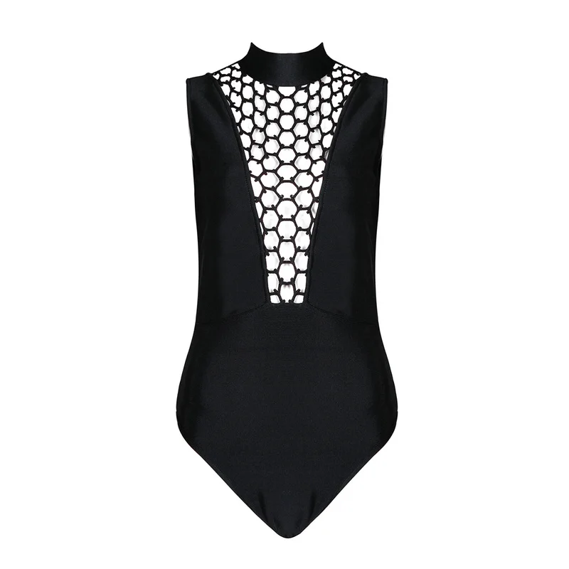 

Shining Beauty 4 Colors Women's Sexy Hollow Out Bandage Bodysuits Bodycon Knitted Designer Rayon Bandage Bodysuit