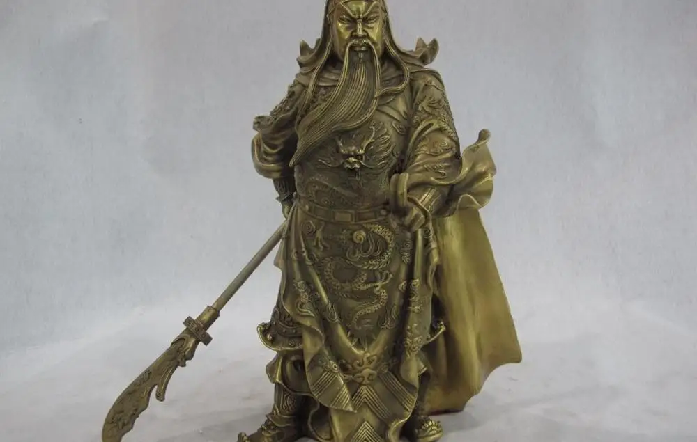 

Chinese Pure Brass Copper Two Finger Dragon Stand Guan GongYu Hold Sword Statue