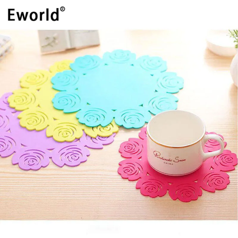 

Eworld 4PCS Colorful Lace Flower Hollow Design Round Silicone Table Mats Heat Resistant Coffee Cup Coaster Cushion Placemat Pad