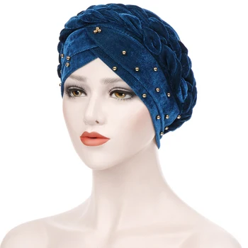

HT2324 Fashion 2019 New Women Beading India Hat Muslim Braided Beanies Turban Scarf Wrap Cap Solid Plain Women Skullies Beanies