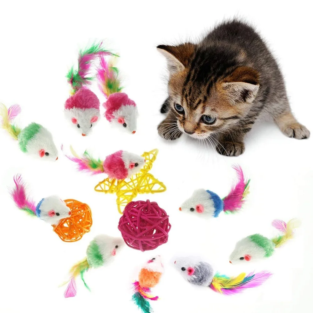

10PCS Colorful Fur Cat Toys Mice False Mouse Cat Catcher Feather Tails Plush Soft Durable Cat Pet Funny Playing Toys
