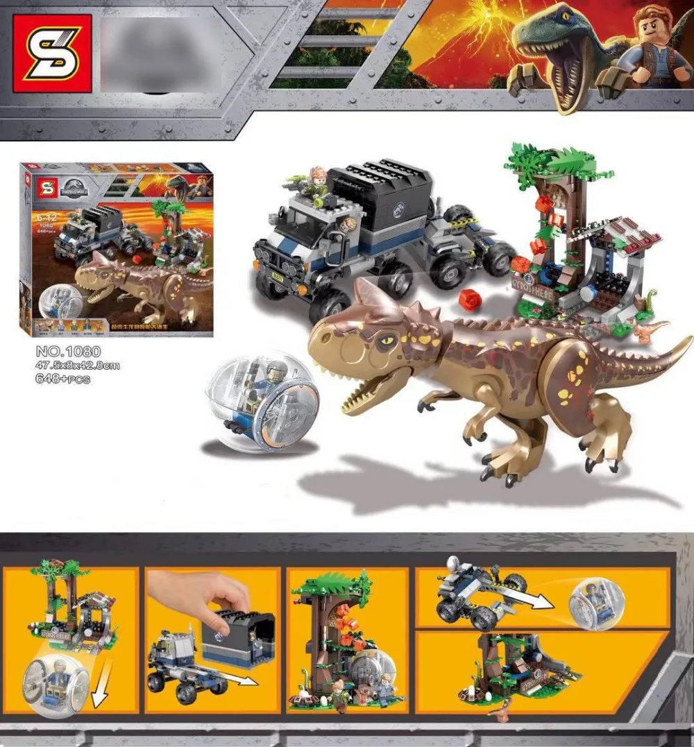 

648PCS 75929 Compatible legoings Jurassic World Park 2 Carnotaurus Gyrosphere Escape dinosaur Dragon Figures Building Blocks Toy