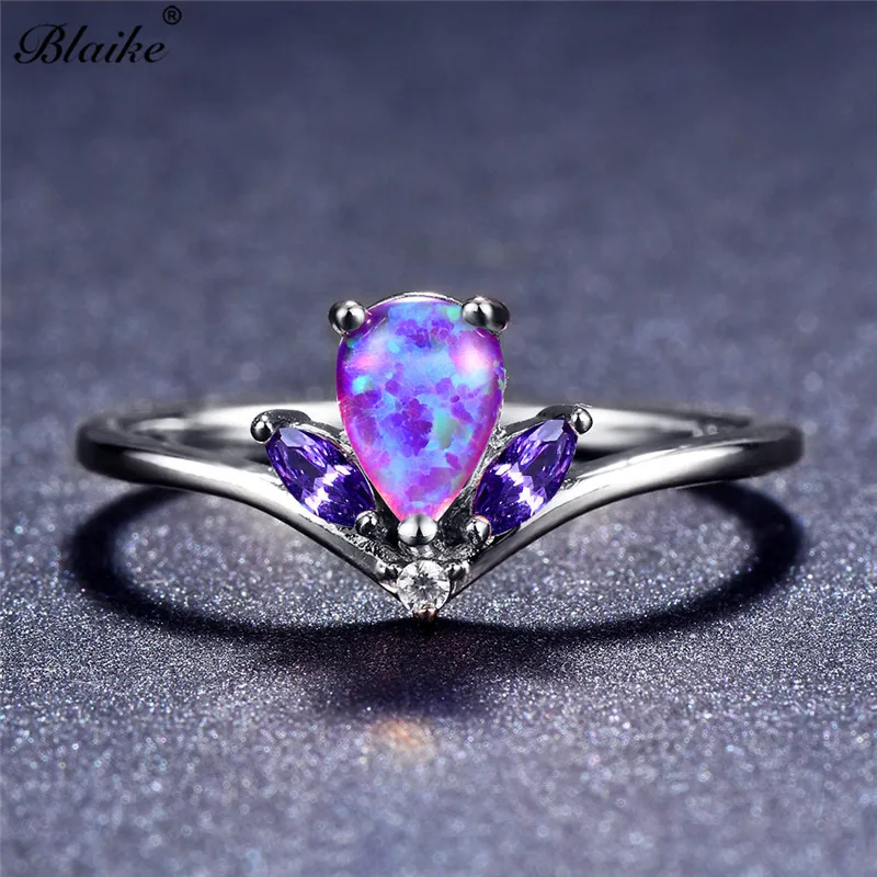 Blaike Charming Water Drop Purple/White/Blue Fire Opal Rings for Women 925 Sterling Silver Filled Birthstone Crystal Zircon Ring