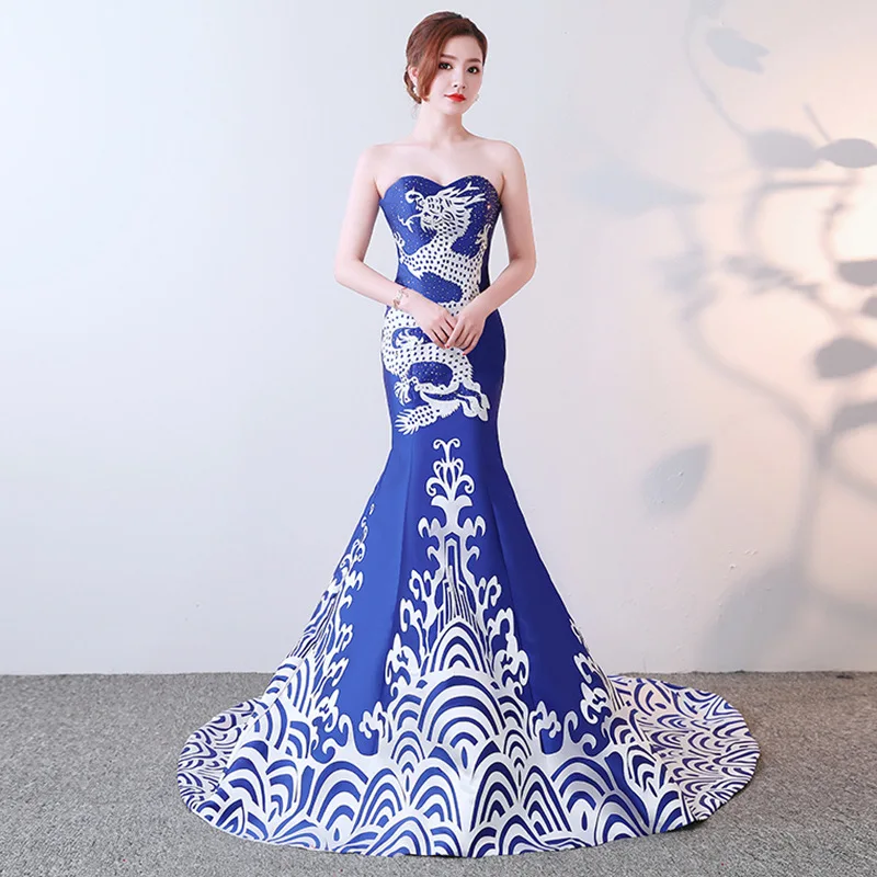 Элегантный синий фарфор китайский сексуальный традиционный Восточный вечернее платье для женщин для Свадебная вечеринка спинки Cheongsam