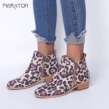 

Figraton Women Ankle Boots Autumn Winter Lady's Shoes Plus Size 35-43 Leather Zipper Flock Leopard Pointed Toe Square Med Heels