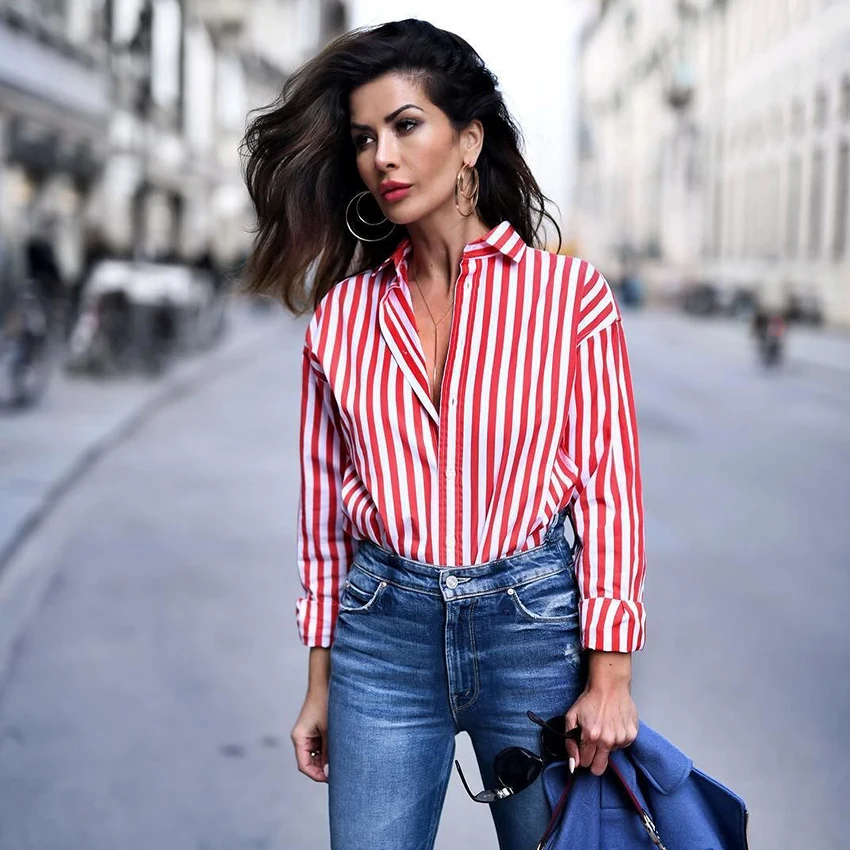 Новый красный полосатый блузка Для женщин Blusas Свободные Slim Fit с длинным рукавом