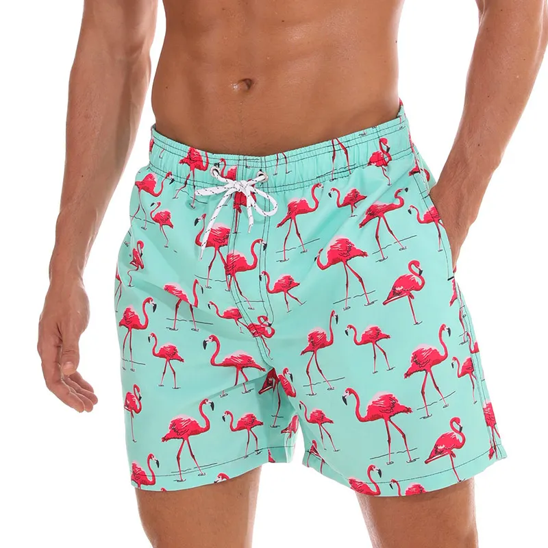 Escatch, новинка, быстросохнущие летние мужские шорты с принтом s, пляжные шорты для серфинга, Siwmwear, Бермуды для плавания, для мужчин, с принтом фламинго, пляжные шорты - Цвет: Green Flamingo