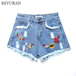 Винтаж Boyfriend вышивка шорты для женщин для Дырокол короткие джинсы деним летние повседневное Высокая талия тонкий плюс размеры 26-32
