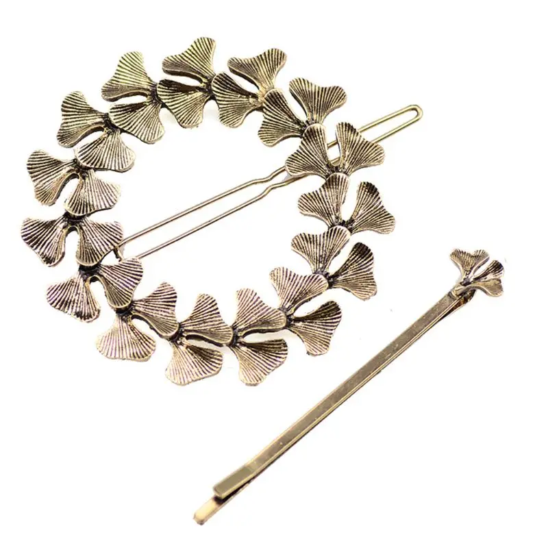 

2Pcs/Set Minimalist Ginkgo Leaf Circle Hair Clip Ladies Metal Alloy Retro One Word Hairpin Wedding Banquet DIY Styling Barrettes