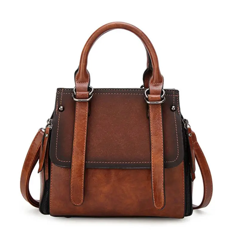 

PU leather women handbag vintage tote bag panelled stone women shoulder bag messenger bag(Brown)