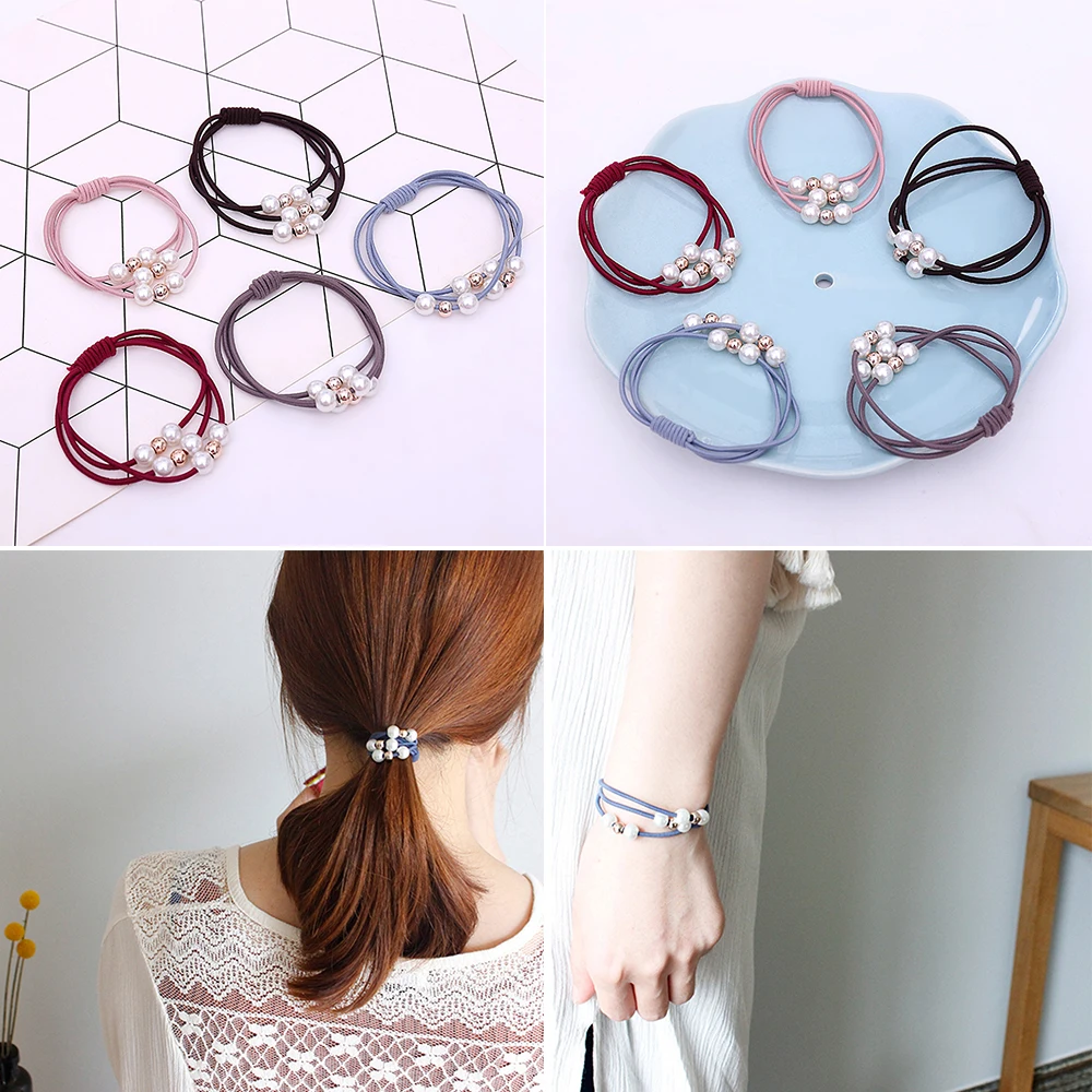 1Pc Girls Multi-Layer Pearl Hair Rope Solid Color Elasticity Hair Ring Hairband Hair Accessories 3 layer