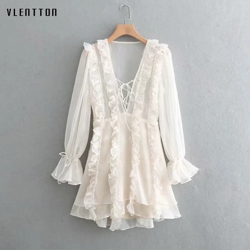 

High Quality 2019 New Sexy White Dress Women V-Neck Flare Sleeve Ruffles Elegant Party Dress Spring summer Mini A-Line Dresses
