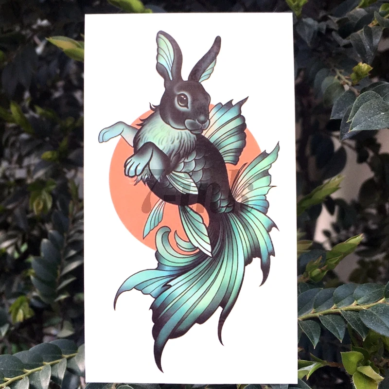 

Waterproof Temporary Tattoo green rabbit face fish body totem tattoo Water Transfer fake flash tatoo for man woman kids