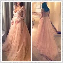 Nach Maß Neue Großhandel Echt Foto Elegant V-ausschnitt Volle Hülse Spitze Schärpe Lange Abend & Prom Dresses Party-farbe & Größe Anpassen