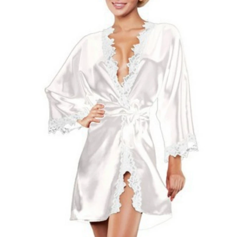 Женское Короткое Кимоно с кружевной отделкой, ночная рубашка, сексуальная шелковистая ночная рубашка - Цвет: White