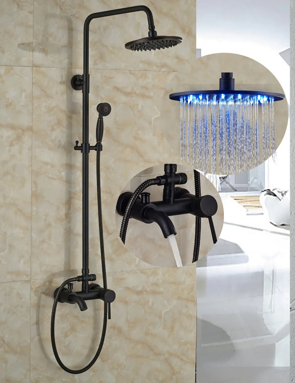 Oil Rubbed Bronze LED Light Round Rain Shower Head Wall Mount Shower