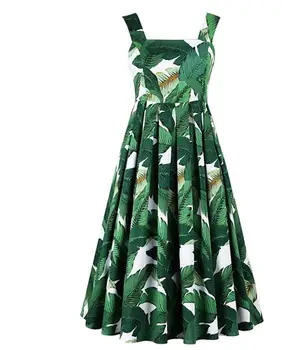 

Retro dress summer sleeveless strap high waist square collar temperament thin pleated green leaf prited vestidos summer dress