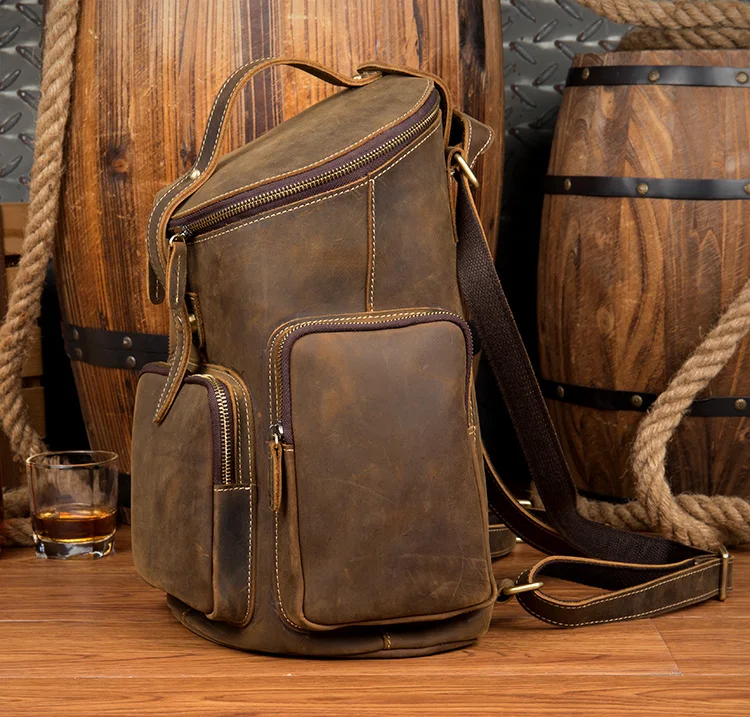 Side View of Woosir Crazy Horse Genuine Leather Mens Backpack Vintage