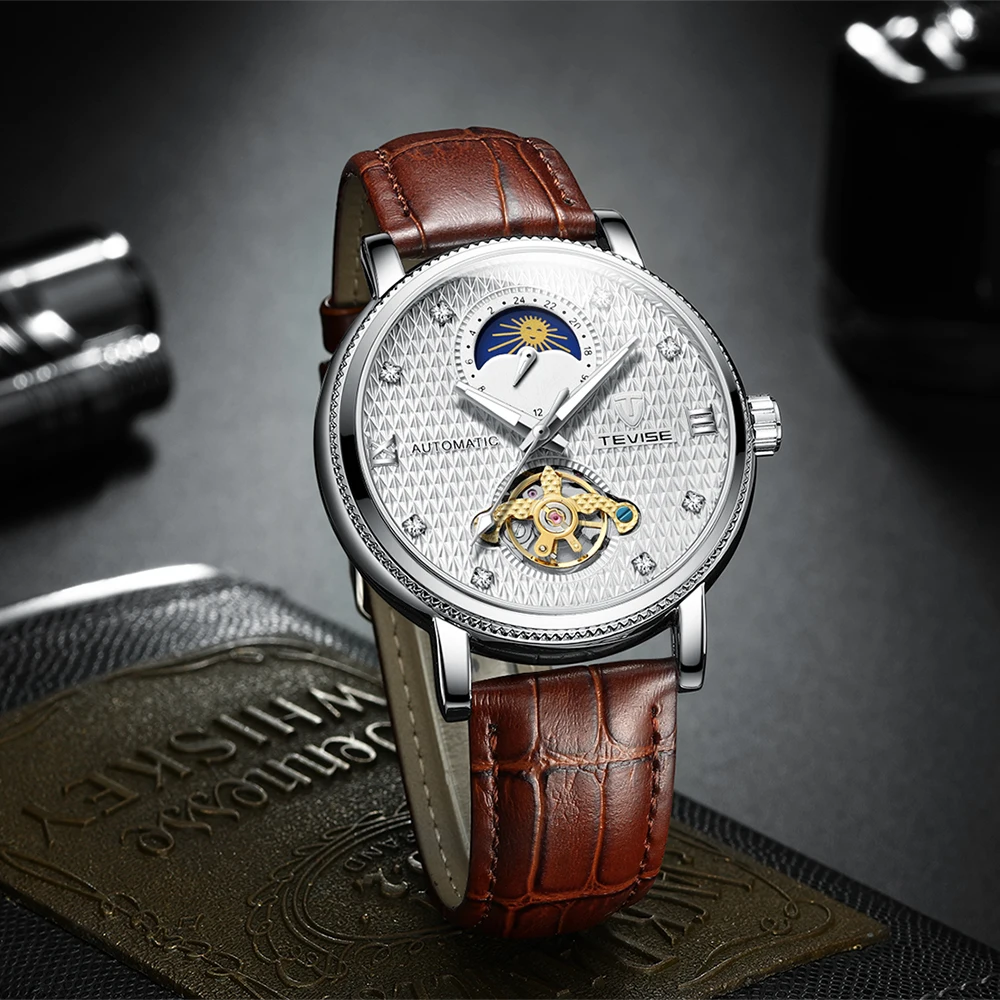 Лидирующий бренд TEVISE мужские часы Moon phase Tourbillon с кожаным ремешком спортивные