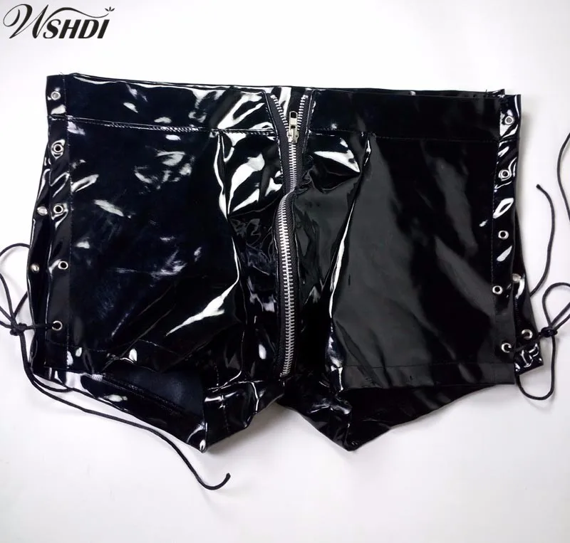 

2019 Hot Men Sexy Patent Leather Latex Boxer Shorts Wetlook Pu Zipper Underwear Lace Up Bandage Pole Dance Clubwear Costume